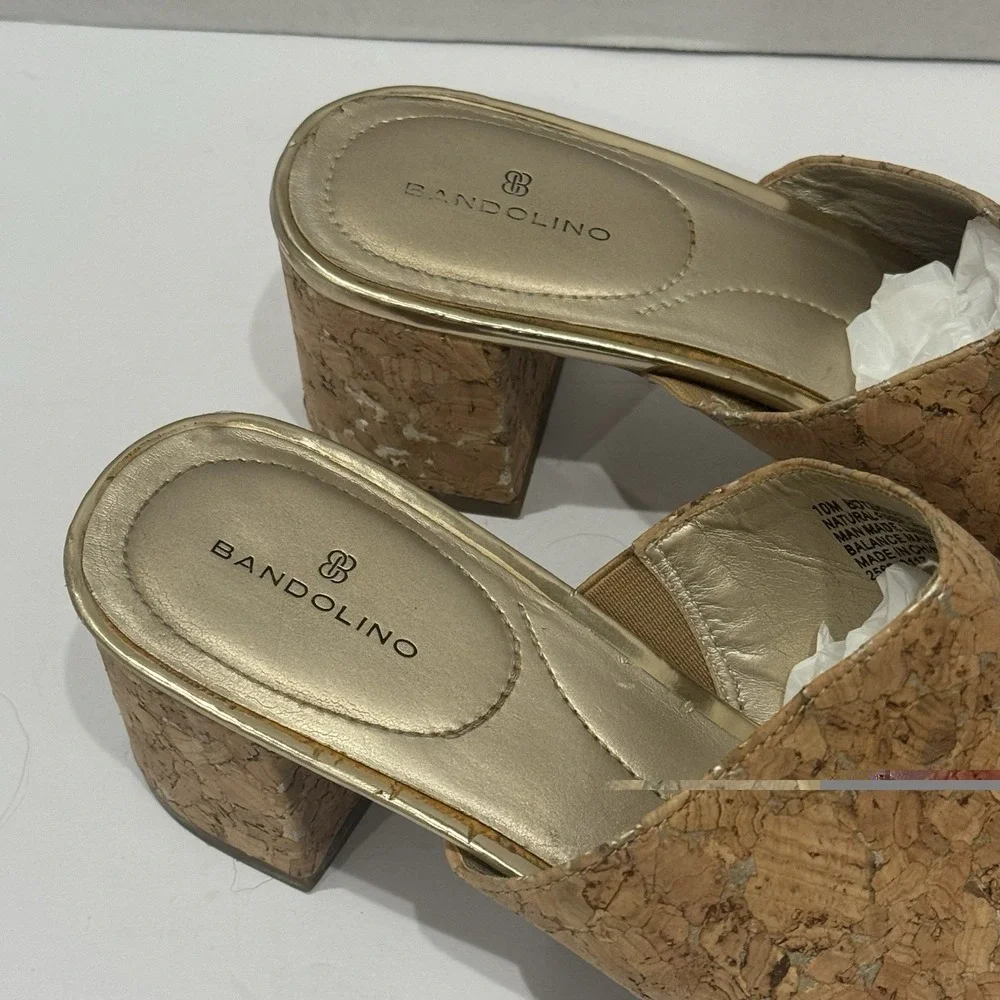 Bandolino Metallic Gold Neutral Minimalist Cork‎ Chunky Heeled Sandal Size 10M